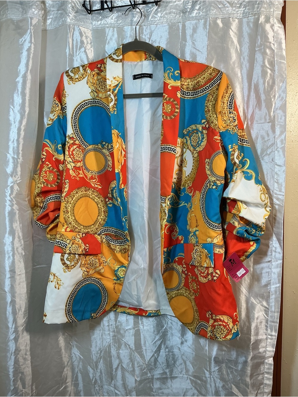 Baroque-Print Open Front Blazer in Blue & Red